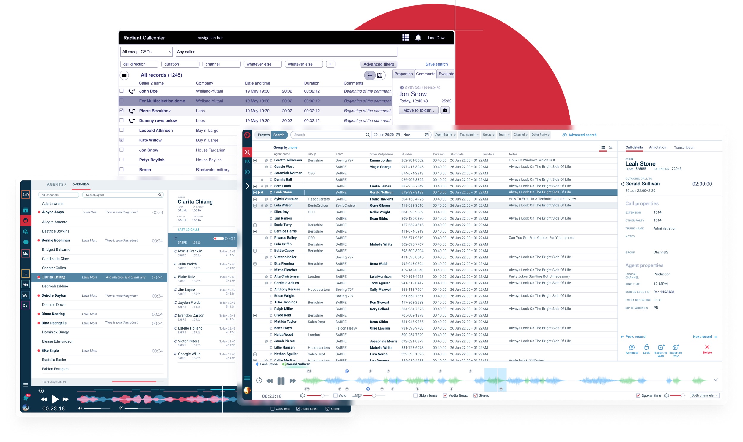 main screen UI with calls list taking most of the space, call waveworm and call transcription at the sides