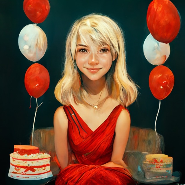 A picture of a woman in red dress, sitting next to the birthday cake